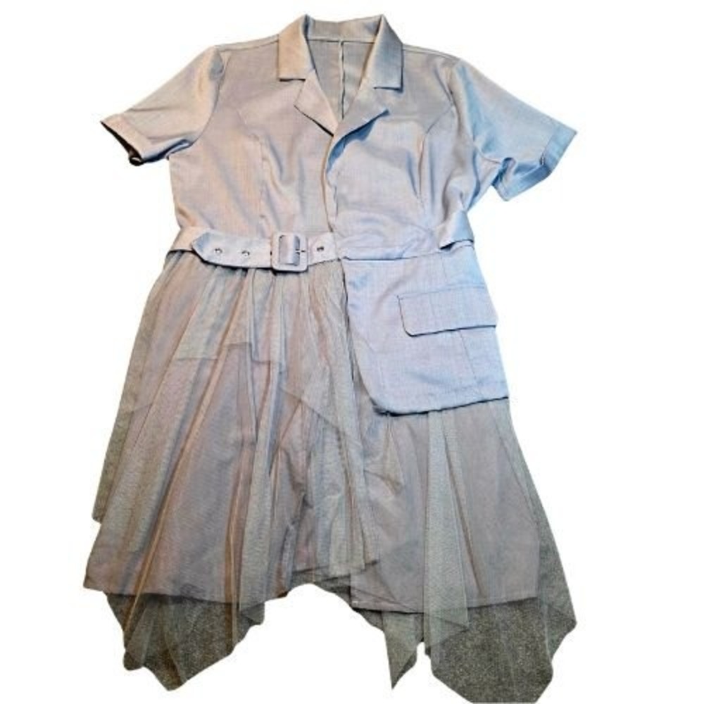 Slate Blue Gray XL Short Sleeve Tulle Hem Midi Blazer Dress Asymmetrical Layered